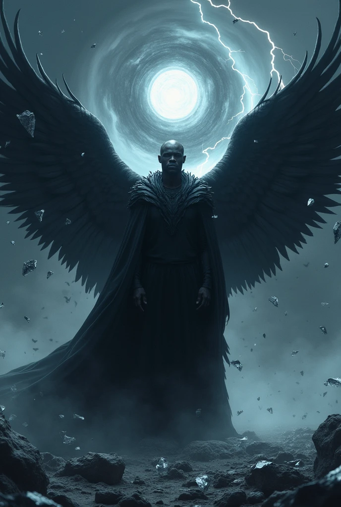 African man. Shadow powers. Wearing a cloak. Black wing. With a black sun. Thousand ice shards. Black lightening