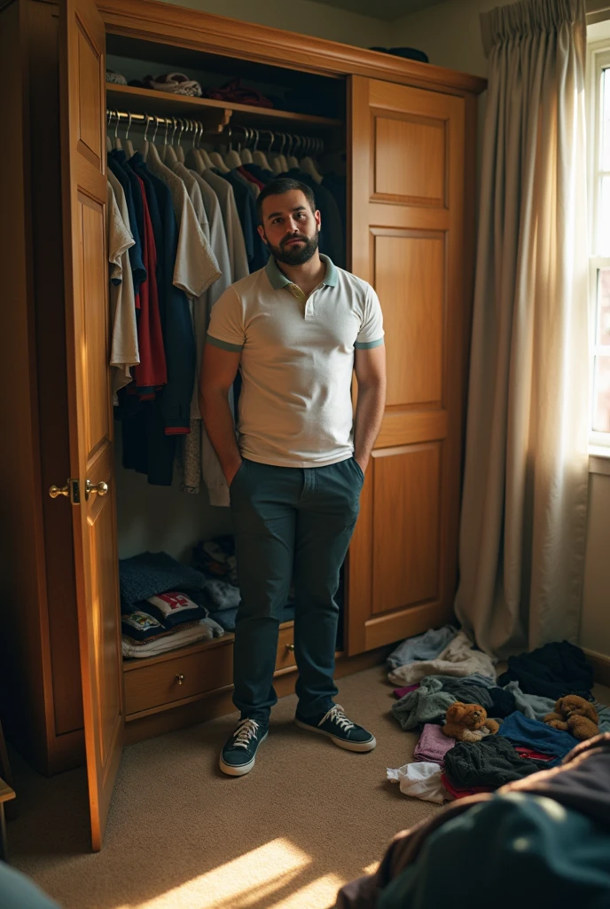 A light brown man with a short beard, Good physical appearance , a polo shirt and pants, Rummaging through the closets of a house that isn't his. He's weird And it's messing everything up.