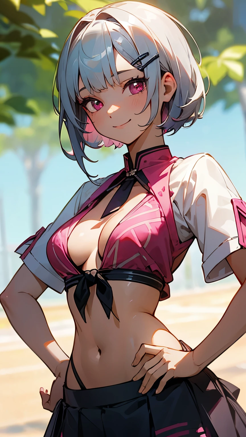 1 Girl、8K、Sharp focus、(Bokeh) (Highest quality) (Detailed skin:1.3) (Intricate details) (anime)、Silver short hair and bob hair、Tie your hair up with a hair clip、Pink Eyes、、(Please put your hands on your hips)、chest、Slim figure、bikini、A pareo skirt with bold ethnic patterns and plenty of primary colors、Realistic Skin、Shiny skin, Sunburned skin、Cowboy Shot、Side body、smile、smile、Park in the background、Soft lighting