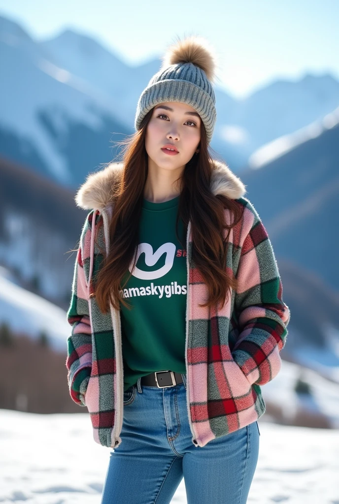 Beautiful Korean woman with clean white skin, wearing a beanie hat, wearing a green pink red checkered shirt, mamaskygibs logo, blue jeans, snow mountain background, original photo