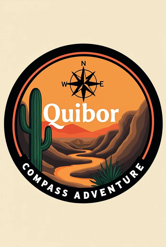 Logo:
1. General form: Circular design.
2. bottom: Orange, evoking a sunset.
3. Borders:
- Color de Borders: ?????.
- Grosor de Borders: 3 px.
4. natural elements:
- Carcavas: Stylized illustrations of the Quibor gullies, with irregular and textured shapes in brown and beige tones.
- Cactus: A small cactus in green, located on one side of the logo.
5. compass: A compass on top, in black and white to stand out.
6. Text:
- Word "Quibor": letters in white, sans serif typeface, in a medium size and striped.
- "COMPASS ADVENTURE": letters in white, sans serif typeface, in a large size, located at the bottom around the thick edge.