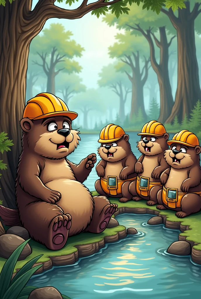 Draw a group of beavers very exhausted from working so much in cartoon style as a drawing  
