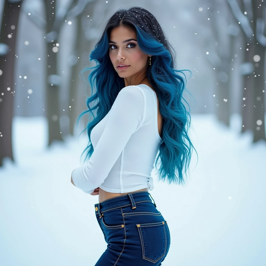 20 year old long blue wavy hair Mexican model, curvy girl, sexy, standing outside in the snow, stunning, wearing white top's and dark blue jeans with white ballet flats, realistic face, blue hair, long hair, close up of face, big breast, 4k, high quality
