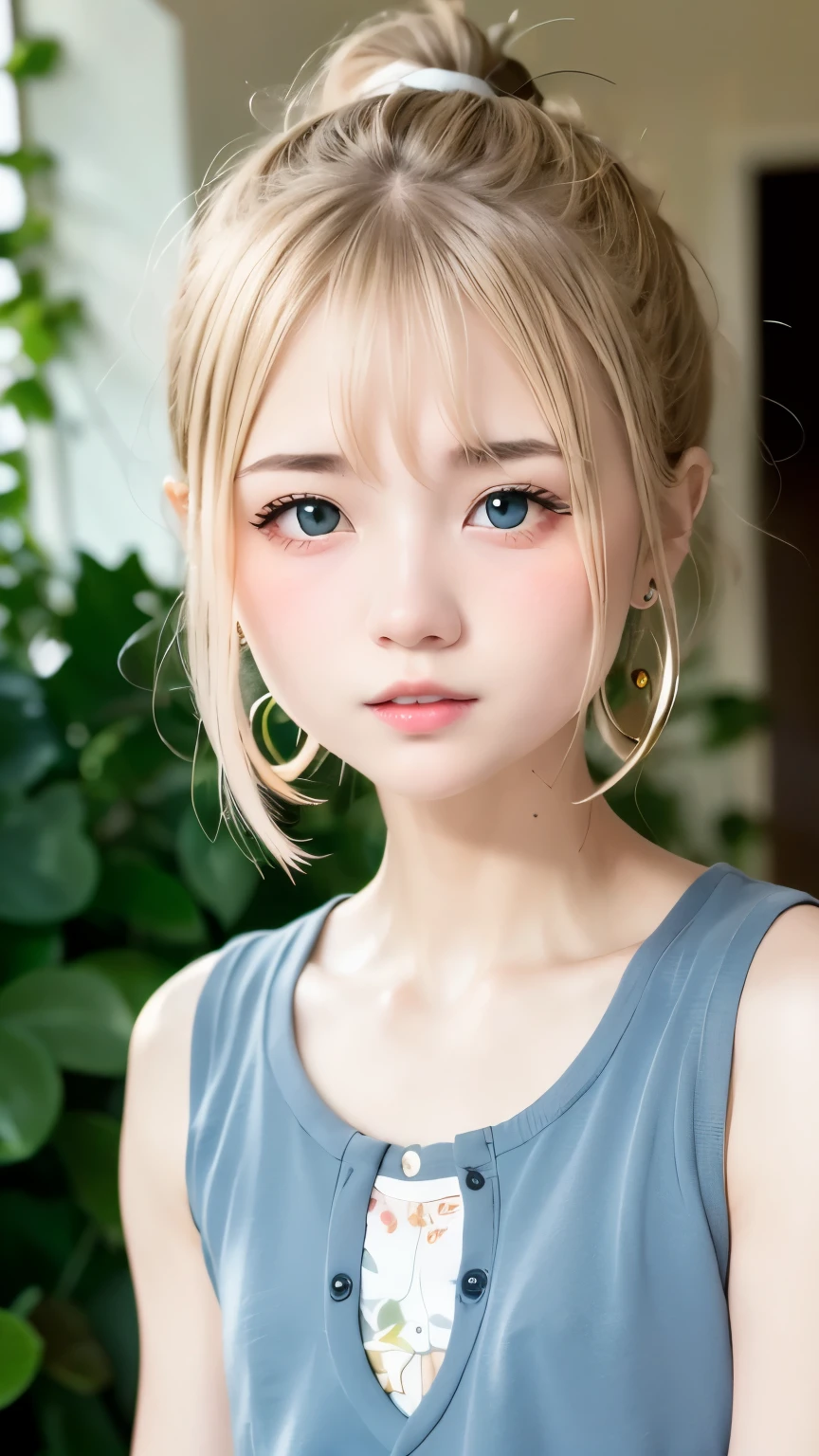 cute, (Ash Blonde Hair), ((Hair Bun)), Perfect Face, An innocent smile, Upper Body,(blue eyes), (Yan), (small), (thin), ((small胸)), ((Only )), Skin dentition, Very detailed, Attractive oval face, Red lips, pink, Glowing Skin, Thin Hair, Face Focus, Chest close-up, Gorgeous hair ornament, Gold earrings, ((1 person)), Embarrassed expression,