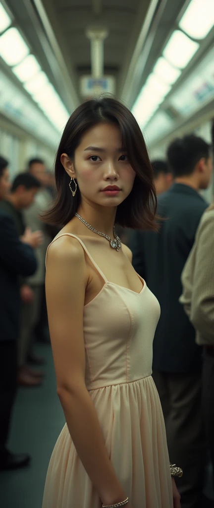 (32K:1.9, Highest quality, masterpiece, Ultra-high resolution, Professional low-angle camerawork:1.5, Very detailedな肌と顔の質感:1.4), Always accurate, Very detailed, (((crowded train:2.0, Several men touched parts of her body.:2.5))), (A short Japanese woman of 25 years old,  on the verge of collapse:1.2, Camisole dress and scarf:1.5, Incredibly slim body:1.3,  is not visible), Bag, belt, Fair skin, elegant, sense of cleanliness, Thin eyebrows, (Big eyes that exude beautiful :0.4, Embarrassed smile:1.0, I despise you from the bottom of my heart:0.8, Open your mouth a little, lipstick, Feel the beautiful :0.9, Dark brown medium hair), Earrings, necklace, bracelet, romantic, mysterious, Object of admiration, original, dramatic, artistic, Innovative, charm, Heartful, Fancy, Tilt, sense of loss, special, ((exciting, Extreme, sense of openness, suffering, sufferingの表現)), (((Mistakes made due to youth, 女性的なcharm)))