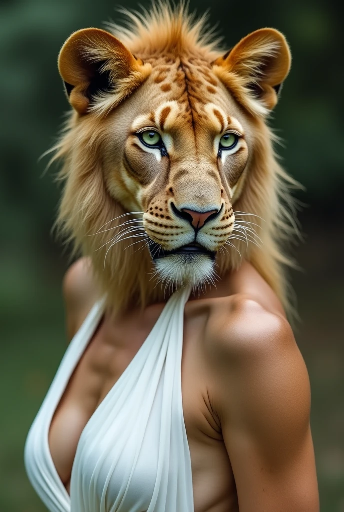 close up, furry, anthro, giant female lion, lioness, lion ears, antrophomorphic, light green eyes, razor sharp teeth, slim body, muscular body, handsome, slender, lanky body, really long arms, really long legs, tall, wearing a white dress, pawpads, ((best quality, 4K, UHD, masterpiece)), alone