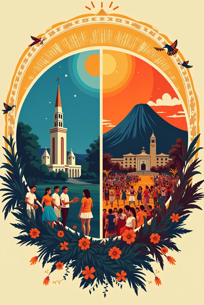 poster art about philippines with earth circle LIKE POSTER MAKING  with four divides and one is alumni and one is intrams and one is traditional of philippines not like that more good