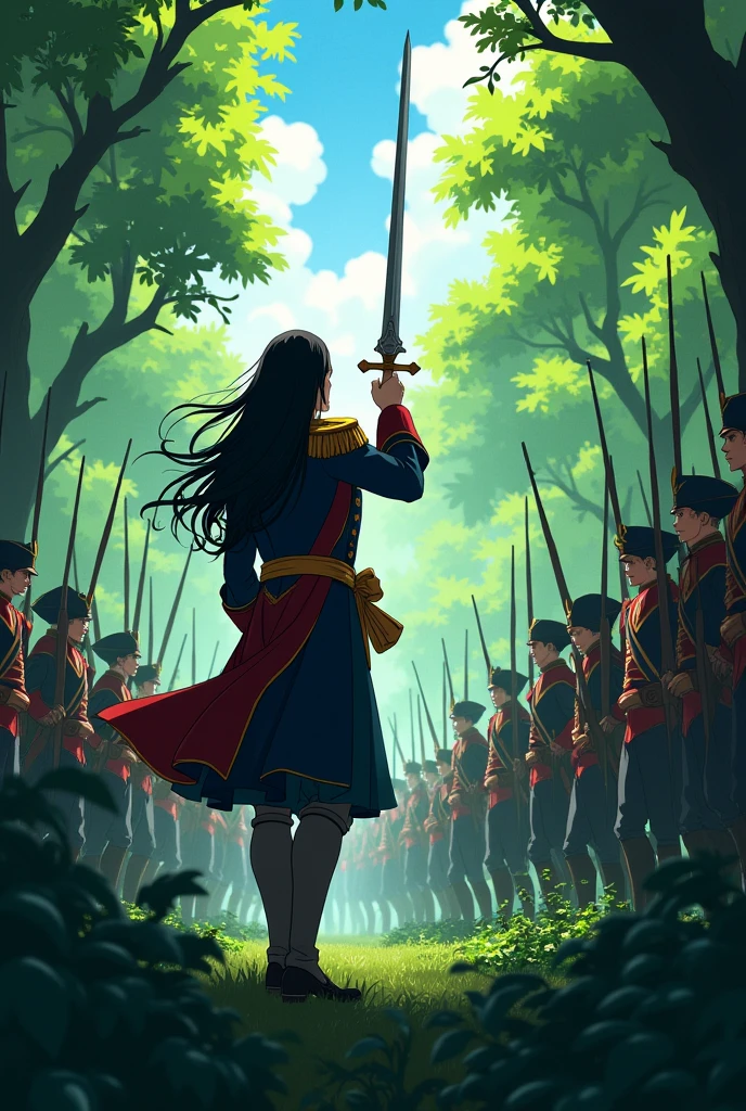 Humans from the 1740 British Navy Army invade the forest 2D anime look in front of them and get into fighting stance. Admiral Sir. Ethan Woods Clark 3° um jovem branco, de 1,86, with her long black hair and her long sword, he orders the attack looking straight ahead