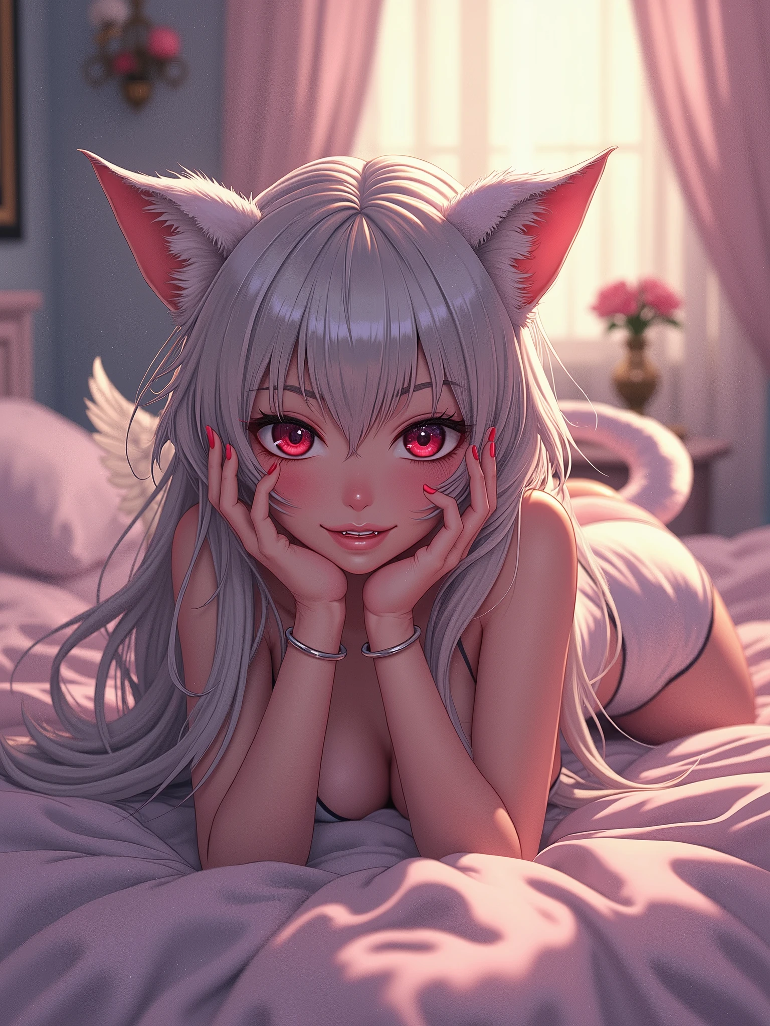 Silver hair, pink eyes, body, cat ears,sexy girl, earrings,hair bows,hair charms,dress,laying down