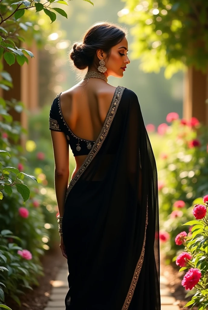 A Beautiful indian women who is in a black
saree whose skin is white showing her big size booty from begind angle