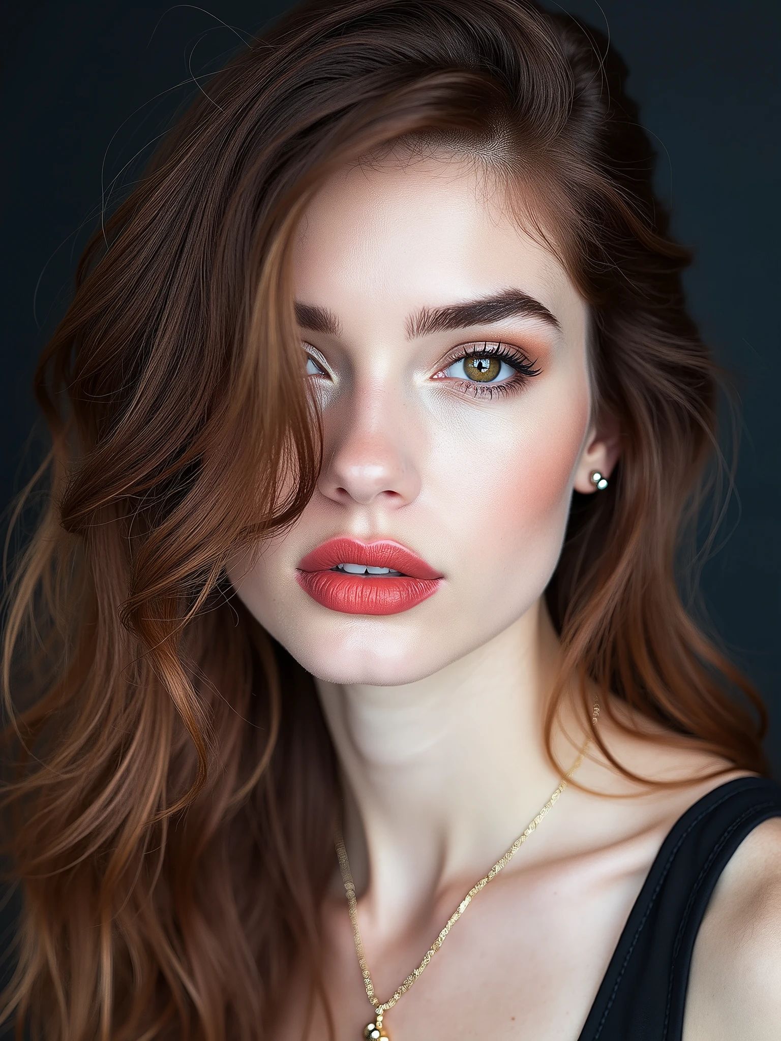 a woman with red hair, hyper-realistic skin, shiny/glossy, modern jewelry, gongbi, portraiture, dark teal and light gold, tropical landscapes, Face portrait photo oF a 21 Year-old German woman, .raw, beautiFul woman, half strawberry lips, strawberry lipstick, Fossettes, big breast, realistic legs, high heels, nostalgic look, detailed light brown eyes, great student, thin eyelashes, (Brown extra long blond hair), ((detailed Face)), ((detailed Facial Features and skin texture)), (Finely detailed skin), light brown skin, (Deep neckline detailing high-tech cyberpunk dress), Cyberpunk big city environment, (cold colors), moist, moist, reFlections, (masterpiece) (height ratio / perfect width) (photo realist) (best quality) (detailed) Shot with Canon EOS R5, ObjectiF 50mm, F/2.8, human development report, (8k) (wallpaper) (light) (Dramatic Light) (sharp focus) (complicated), sharp details, skin detail sharpness,