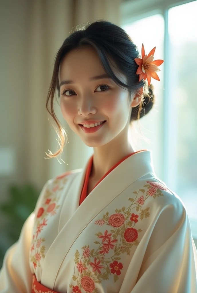 An elegantly dressed Japanese woman in natural light、A close-up of her chest and calm expression.、It shows her inner peace and outer charm.。hospital