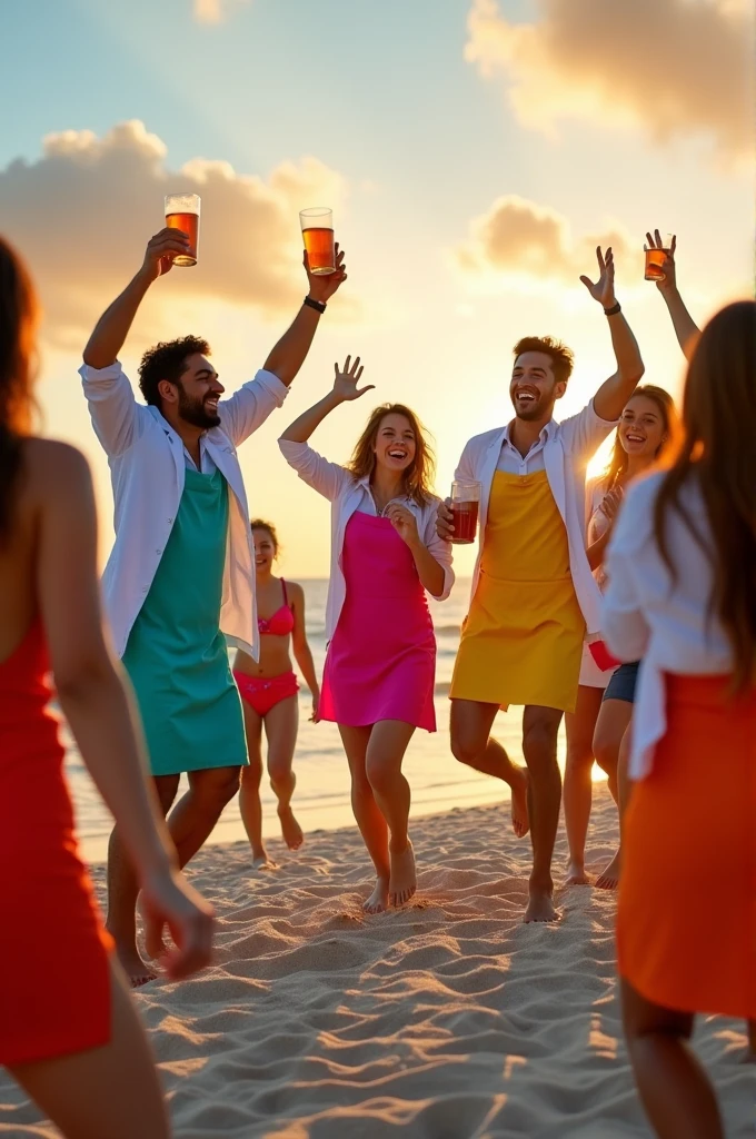 Five doctors in aprons dancing and jumping drinking beer with several young Latina girls in bikinis