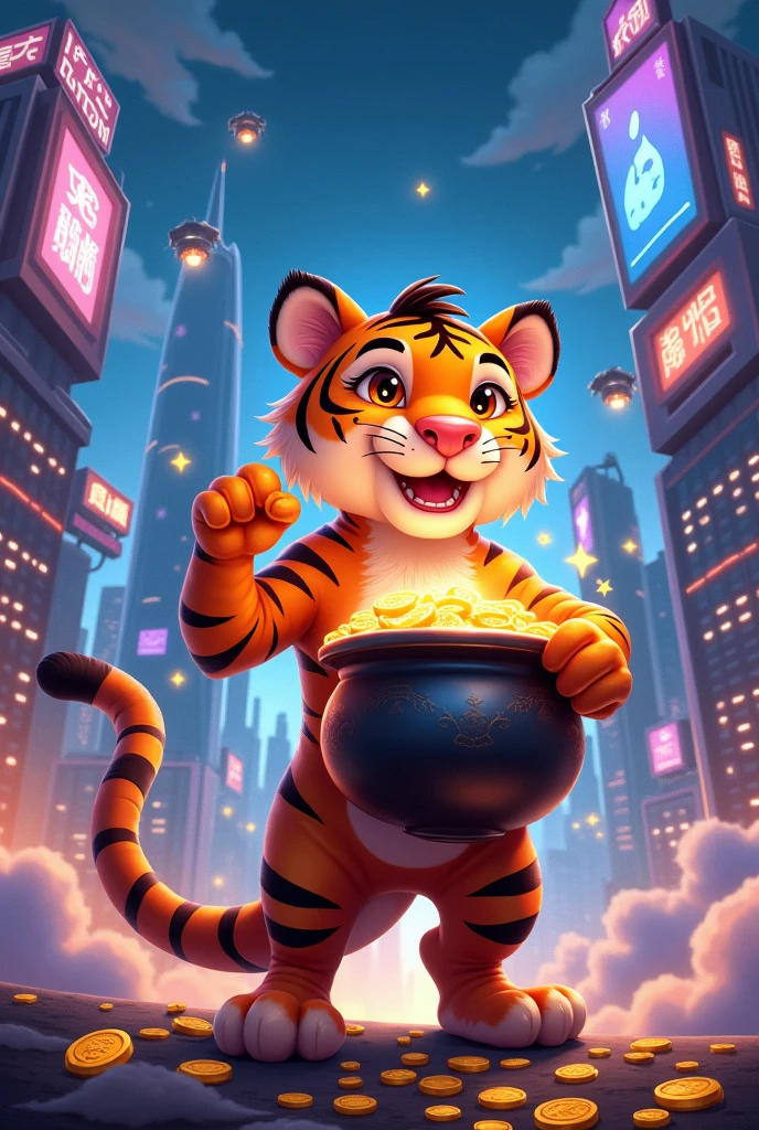 Cartoon style tiger holding a cauldron of gold amidst a futuristic setting
