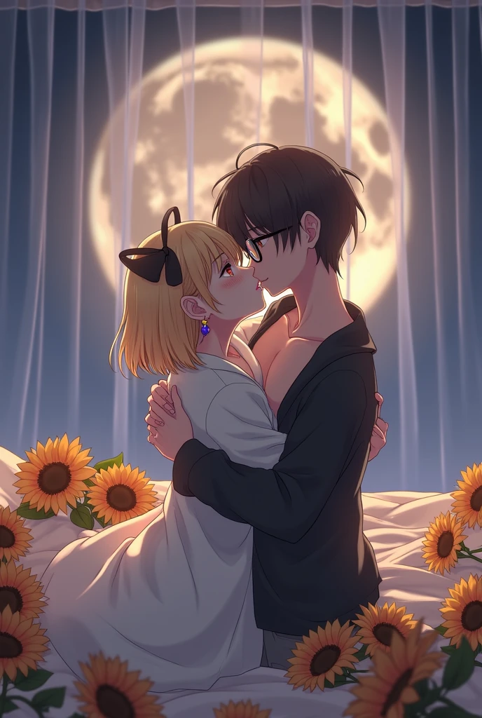 Beautiful couple hugging and kissing passionately in bed, the bed has sunflowes, the girl and the bot are lying down kissing, both of them screwed
(girl: short, big eyes but not too much with a loving look, not so long elf ears and in her left ear a ruby-colored earring, long hair with a black bow on the side of her hair, blondie hair, super tiny , She is wearing the boy's white shirt, (girl: white skin:1.3)), (guy: brown eyes with glasses, thin like shinji from Evangelion, the shirtless boy), (white skin:1.3), a modern and romantic room (best quality, 4k, 8k, high resolution, masterpiece:1.2), ultra detailed, (realistic, photorealistic, photorealistic:1.37), HDR, UHD, studio lighting, ultra-fine painting, sharp focus, physically based rendering, extreme detail description, professional, vivid colors, bokeh, romantic, cinematic, dramatic lighting, warm color palette, bright moonlight, dreamlike, ethereal
