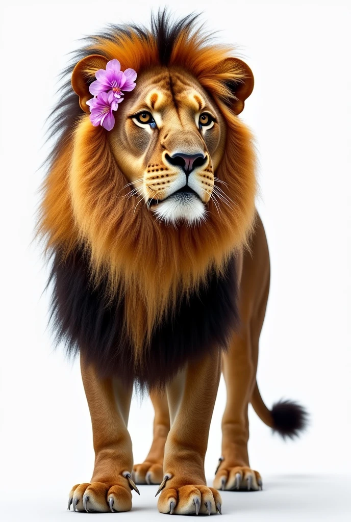 A brown lion, with pink and purple flowers on one side of the head, com fundo branco.