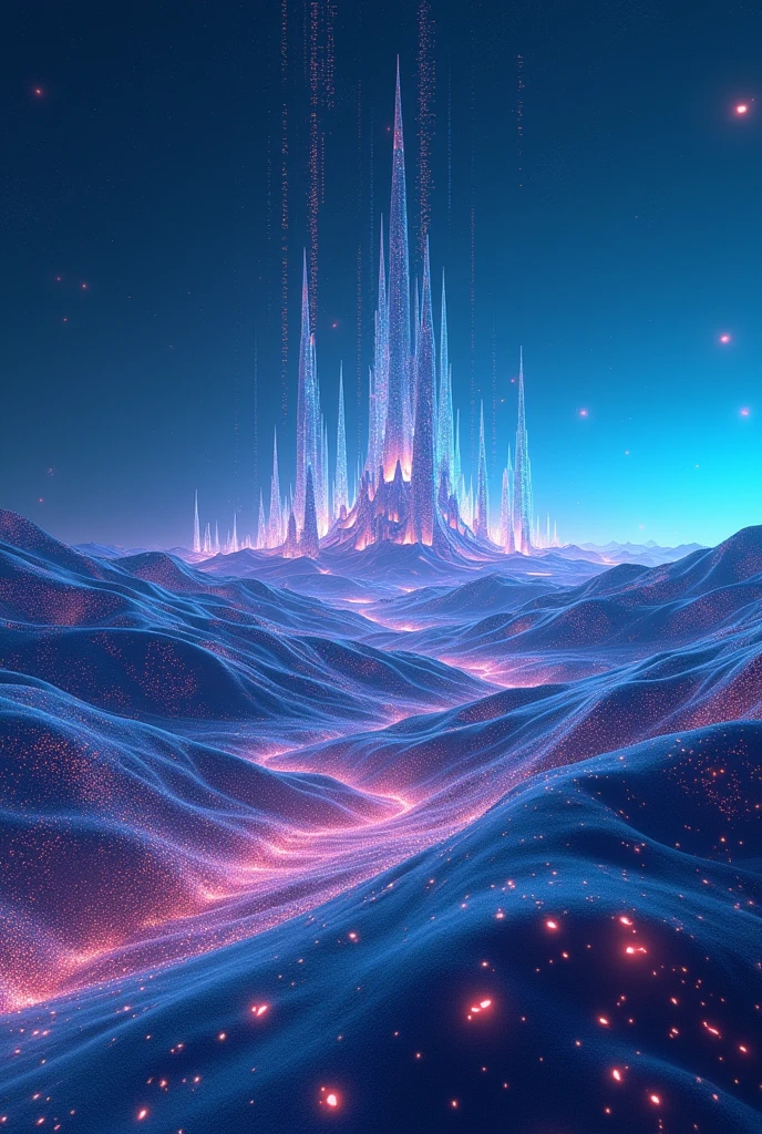 A Cyber Desert: A vast desert where the sand is made of tiny glowing particles that shift and change color. The dunes are formed by data waves, and the horizon is lined with glowing data towers that stand like sentinels. The sky above is a deep blue, filled with floating data symbols and holograms. The perspective looks across the desert, highlighting the endless expanse and the hidden power within.