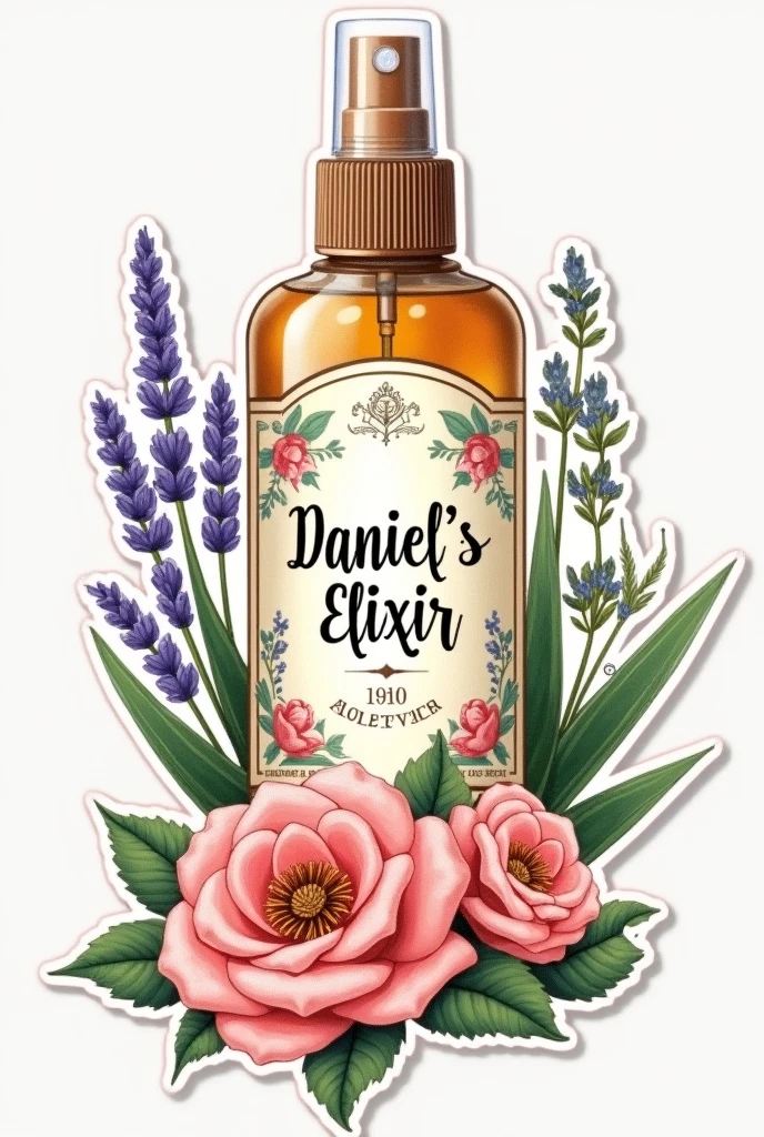 design à imprimer en sticker pour coller sur une bouteille de spray cheveux. le nom est  « Daniel’s Elixir » l’image doit faire ressentir le naturel, le bio, dans le spray il y a de l’eau de rose de l’aloe véra et de la lavande. ne surtout pas dessiner de bouteille ou de flacon juste une étiquette et juste des roses de l’aloe vera de la lavande et « Daniel’s elixir »dans un style botanique vintage 