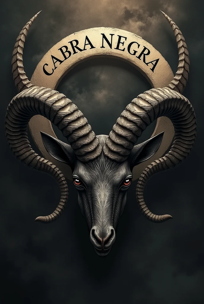 Goat head with horn for tattoo with crescent moon letter written BLACK GOAT in Spanish above the head, well feared

