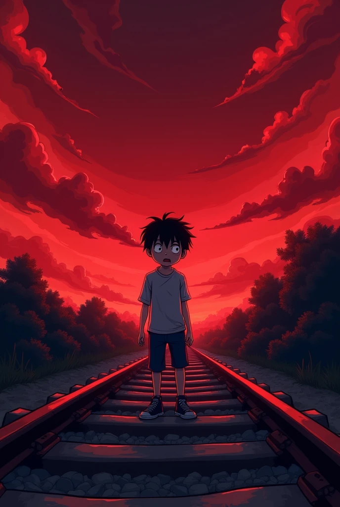 Create a drawing with a reddish background, cloudy with blood red clouds, with a scared boy alone, and an empty track. Eu um estilo de desenho animado tipo um アニメ, アニメ!