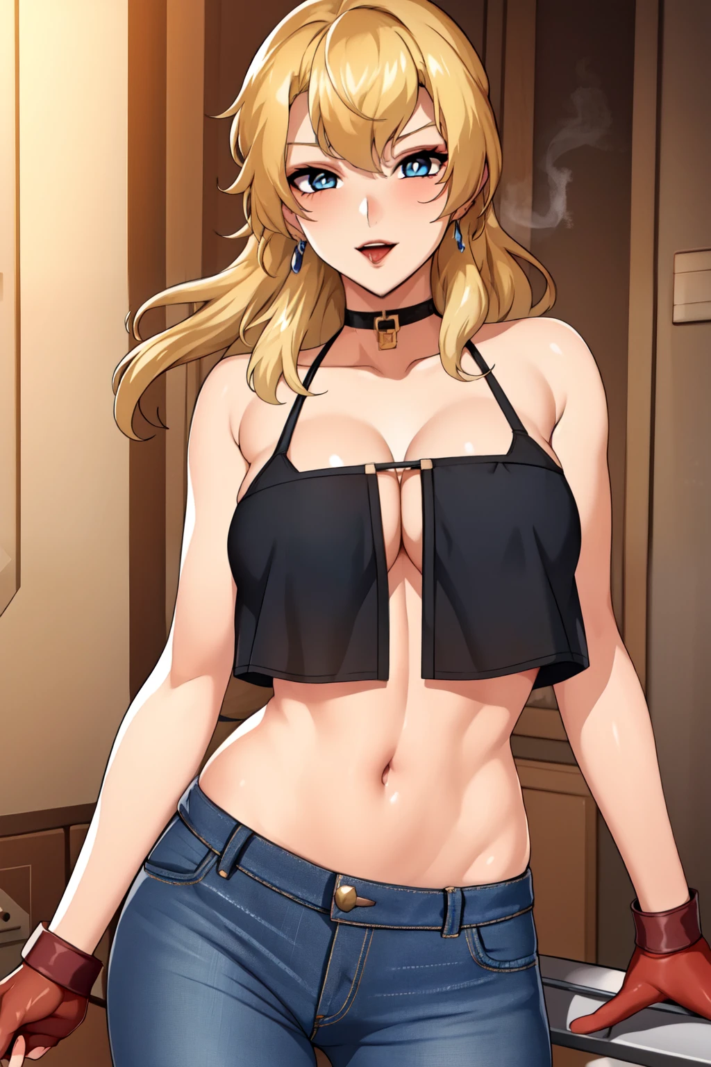 blonde hair, blue eyes,smoking a cigarette in a room with a spaceship in the background,
1 girl, 20yo,Young female,Beautiful Finger,Beautiful long legs,Beautiful body,Beautiful Nose,Beautiful character design, perfect eyes, perfect face,expressive eyes,
long hair, , blush, lipstick, gloves , long hair, choker, blush, lipstick,,jewelry, earrings, Hot girl, baddie, bad attitude, mean girl, crazy, smoking, sensual, attractive,shirt, knot, masterpiece,high quality,4k, bare shoulder,belly,crop top,holding pistol,cleavage,,smile, open mouth, (nsfw) not safe for work, evil expression, exposed belly, exposed navel, exposed midriff, exposed lower belly, crop top , underboob,jacket, unbuttoned jeans , low rise black jeans, Low rise jeans, Low rise jeans with open fly