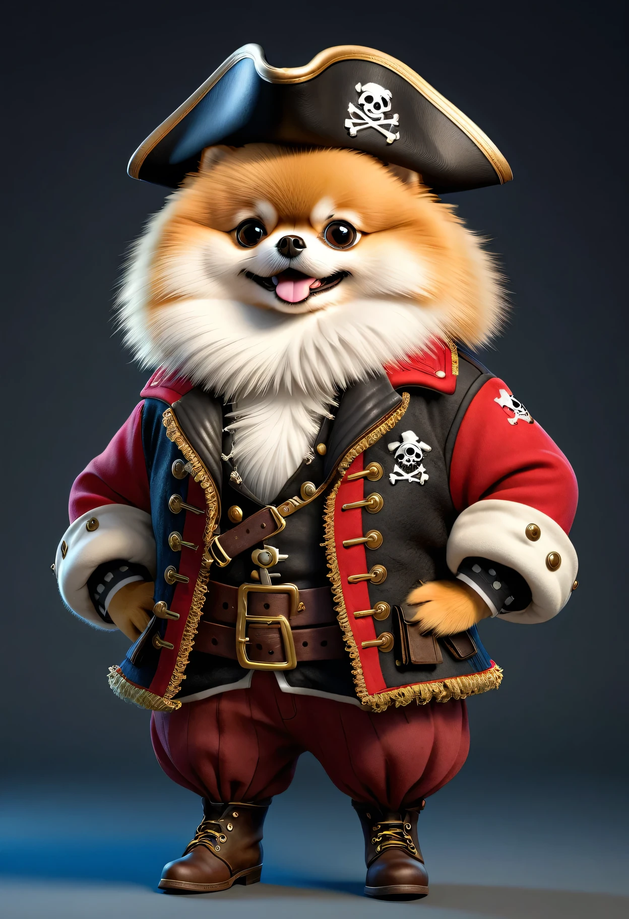 photorealistic portrait of Dressed animals - a ((fat)) (Pomeranian) pirate,(hands on hips:1.5),(furry), high quality,(lovely) ,intricate details, highly detailed ((pirate's jacket and pants)), (wearing pirate's hat and boots , highly detailed pirate equipment) , (happy), studio lighting,(furry),(simple background),score_9, score_8_up, score_7_up, score_6_up, score_5_up, score_4_up,