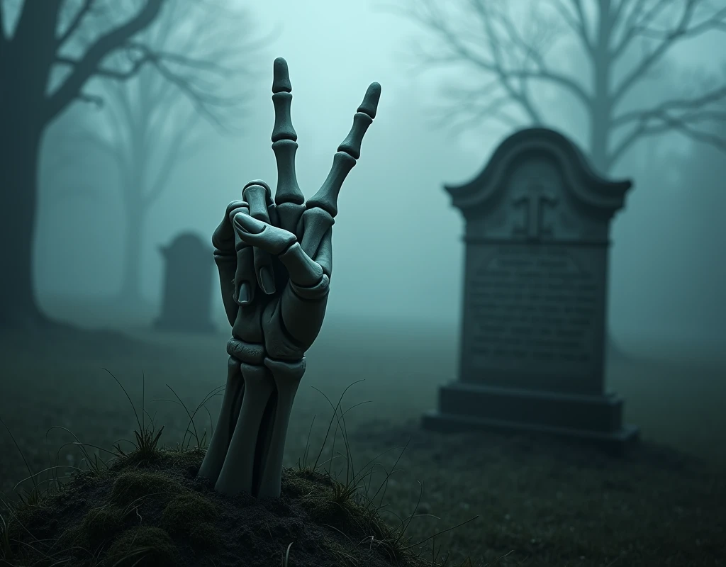 create the image of a hand coming out of the tomb making the rock n roll sign in a cemetery, with fog in the background to give a tone of cold and death