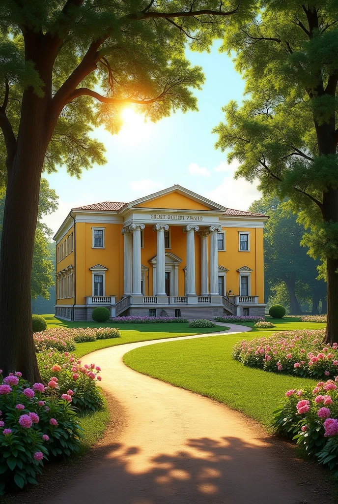 Park with a three-storey yellow neoclassical palace with a white cornice and white columns