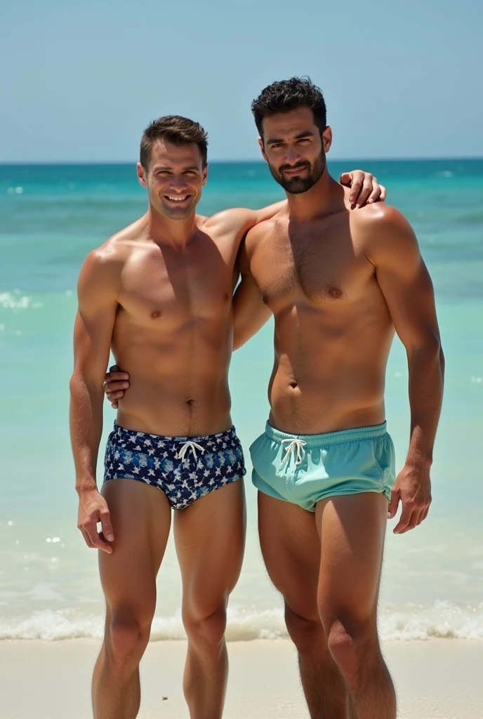 Wuilian Levy and David Sepeda together on the beach in swimsuits