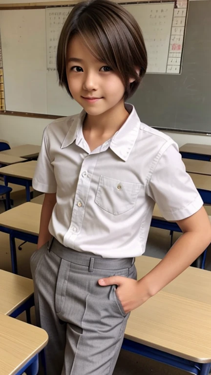 Highest quality、Realistic、、Japanese、zoom、man、、cute、classroom、Grey Eyes、Light brown hair、short hair、White short-sleeved open-collar shirt、Grey slacks、thin、Cowboy Shot