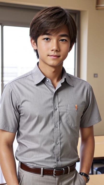 Highest quality、Realistic、、Japanese、zoom、man、Middle school students、cute、classroom、Grey Eyes、Light brown hair、short hair、White short-sleeved open-collar shirt、Grey slacks、thin、Cowboy Shot