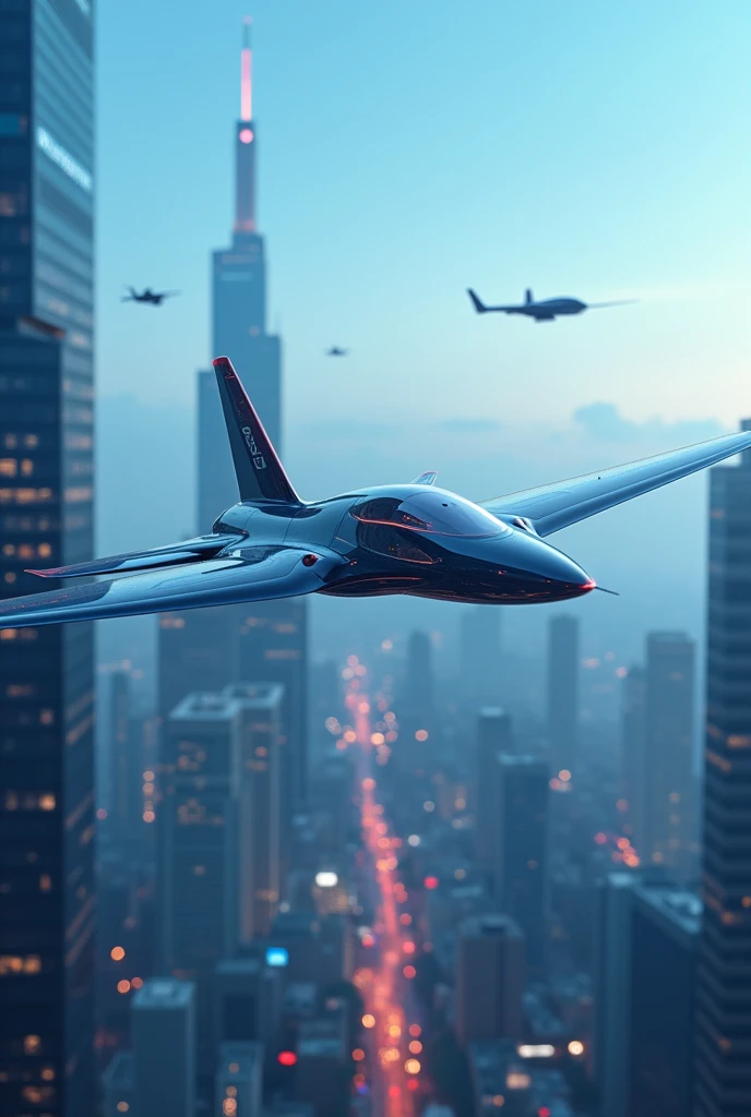 Make a futuristic plane with sharp nose, thin wings 