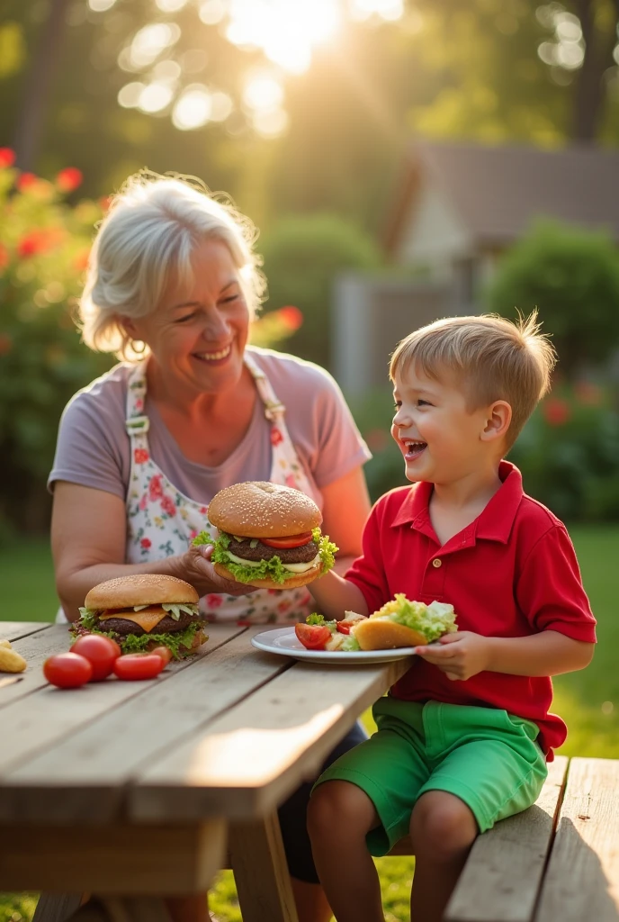 One in a red shirt and green shorts eating a hamburger with his grandma