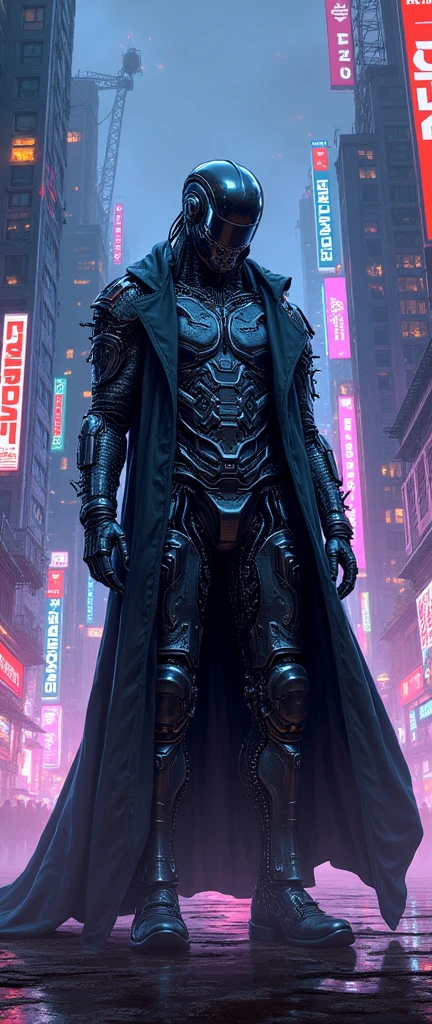 (Highest quality:1.3), (Top performance:1.2), (Best illustrations:1.2), (Comic book style:1.2), (Artistic Film Lighting:1.2) (1 person) Cyberpunk technology in futuristic electronic robe, His body is covered with metal parts, Horror movie-like background of a futuristic cyberpunk city, (Wearing a technical electronic helmet:1.2)