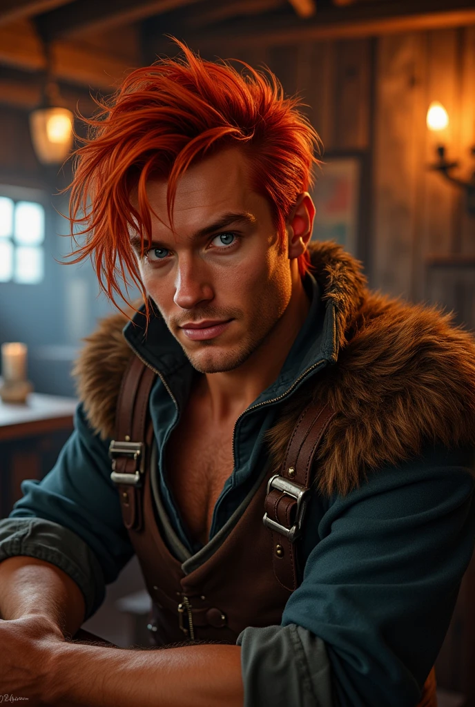 (to throw: in a tavern) , red-haired eagle, blue eyes, guerrero, safe, assertive, Gender: dark fantasy, adventurous, smiling(bottom: cozy wooden tavern) dramatic moment, animated realism [ detailed face, Attention to the face, only the face] 