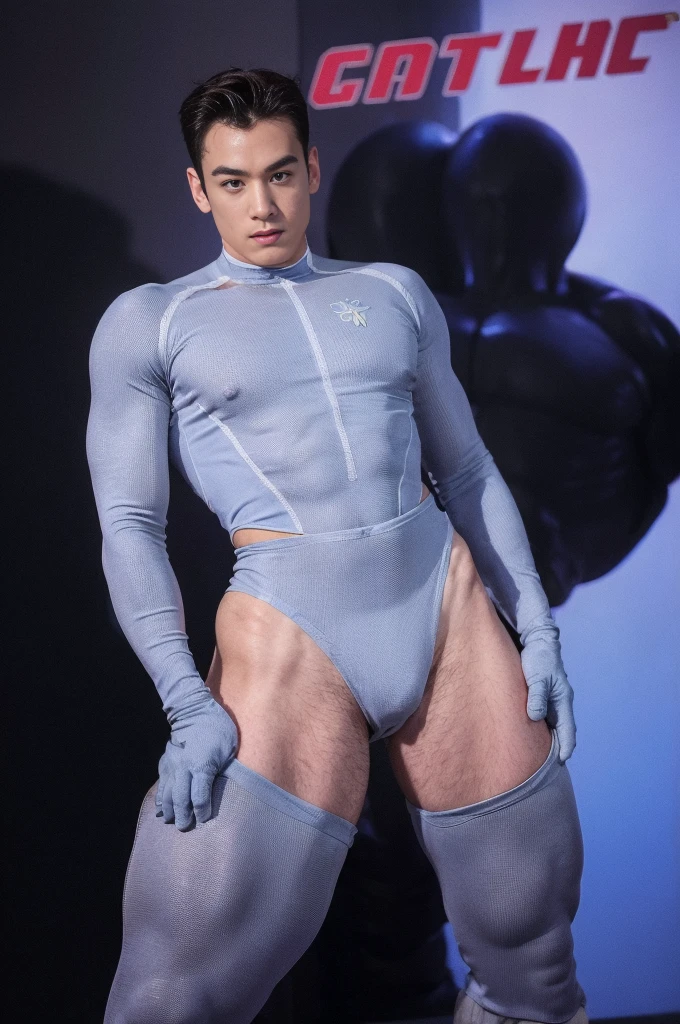 (realistic,hyper-detailed,8k,DC comic superhero,Captain Atom,captainatom),
(silver suit,silversuit),
(red gloves,redgloves),
(red boots,redboots) , ((unrealistic wide hips , unrealistic wide pelvis , plump hips)) , hips , thighs , sexy , eroticism , nsfw , gay, gay focus, mesh suit , narrow waist , snatched waist