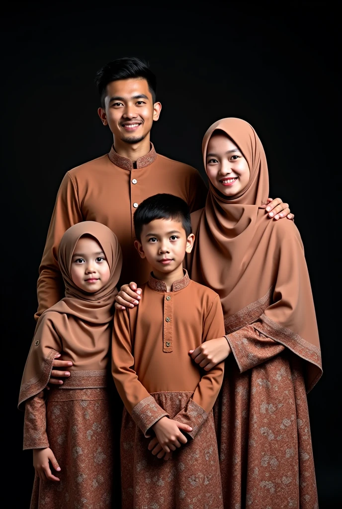 studio photo of a young family consisting of 5 fathers, mother and 3 children, wearing Muslim clothes with the same motif, 34 year old father with neat hair, 33 year old mother wearing a hijab that matches her clothes, the first child, an 8 year old girl, wearing a hijab matching his clothes, the second child, a boy aged 5 years, has neat hair, the third child, a girl aged 3 years, wears a hijab, black background