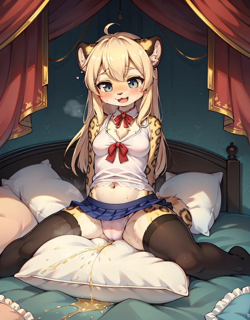 (masterpiece,best quality),mine, The Beast, , (Light and shadow suitable for any Pillow background)), A cute girl wearing a tank top poses on a pillow.,,Cheerleading,nature,, (blush),a smile,Pillow,(Lots of Pillow),Soft cushion,(canopy bed),(Pillow),Lots of Pillow,(Friction in the crotch),((Pillow Hump)),(A tail),(Around the protagonist),steam,(Pillow),(Luxury Pillow),(Palace Pillow Pattern Pillow),(palace),(Palace bedroom),(Gorgeous Pattern Pillow),Soft Pillow,,(Classical European style bedroom ),(excited,shy person,Lack of expressiveness,),pillow hump,,(Deluxe Rococo Canopy King Bed),Luxurious curtains with ornate ruffles and ribbons hang around the large bed.,((((The bed is piled with many Pillows)))),Quilt details,Detailed bed linen,Ruffled Bed Skirt,Deep Bed,Background with depth,((Pillow in detail)), ((((A Lot of Pillow)))),,,Detailed Soft Pillow,,((女孩正躺在许多Soft Pillow上,There are many Pillows around)),、、In a large canopy bed、Soft sheets and quilts、Colorful soft Pillow、Lots of Pillow、Soft toned bed、Ruffled curtains around the bed.。Delicate face,(Gorgeous pattern pillow),Soft pillows,,(Classical European style bedroom ),(Excited face,Opened his mouth,Shy,),,Lace pantyhose,,,MASTURBATING WITH PILLOW,LYING ON SIDE,,Leopard print socks,Camel toe,Snow Leopard Girl,,Long hair,Beige leopard ears,Beige leopard tail,Black leopard print,Beige leopard print fur,White shirt,,Dark blue mini skirt,Facial pattern,peeing,urine stained pillow,urine,Sweaty,Leopard print fur,Leopard print skin,With a bow,sleeveless