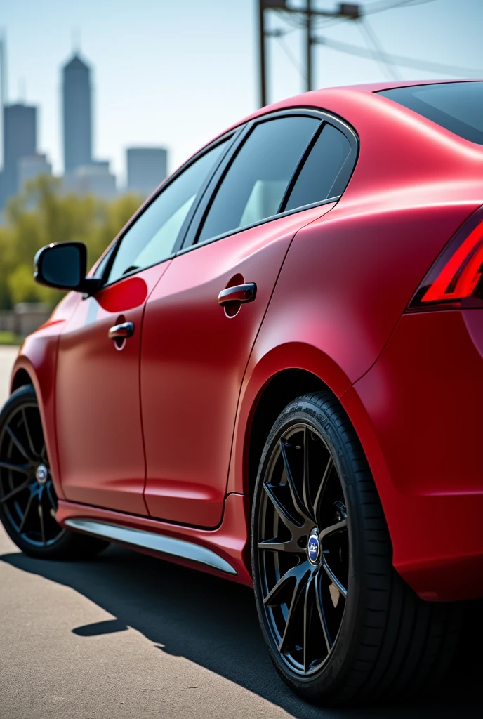 Volvo s60 2011 matte red and black rims, corner view