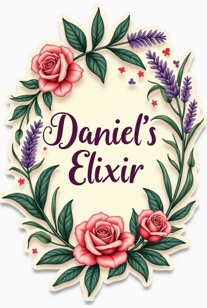 design à imprimer en sticker le nom est  « Daniel’s Elixir » l’image doit faire ressentir le naturel, le bio, dans le spray il y a de l’eau de rose de l’aloe véra et de la lavande. ne surtout pas dessiner de bouteille ou de flacon juste une étiquette et juste des roses de l’aloe vera de la lavande et « Daniel’s elixir »dans un style botanique vintage 