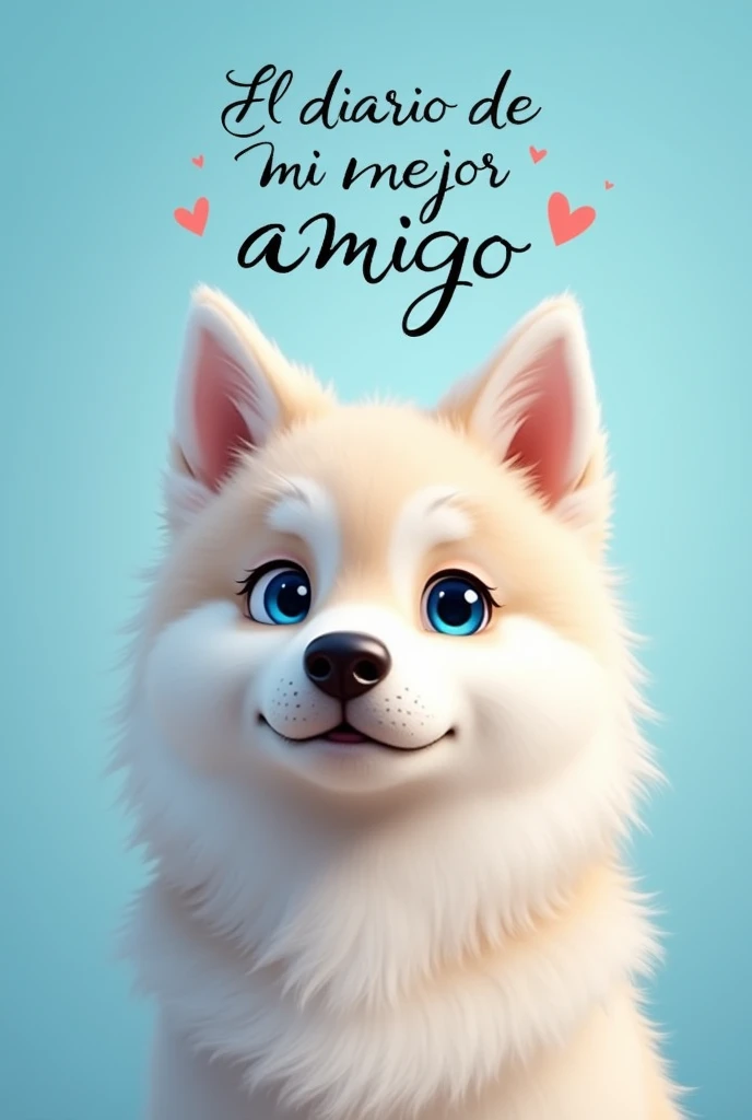 Animated image of cute Siberian dog face with title my best friend's diary in Spanish with elegant and stylish font and bondi blue gradient background