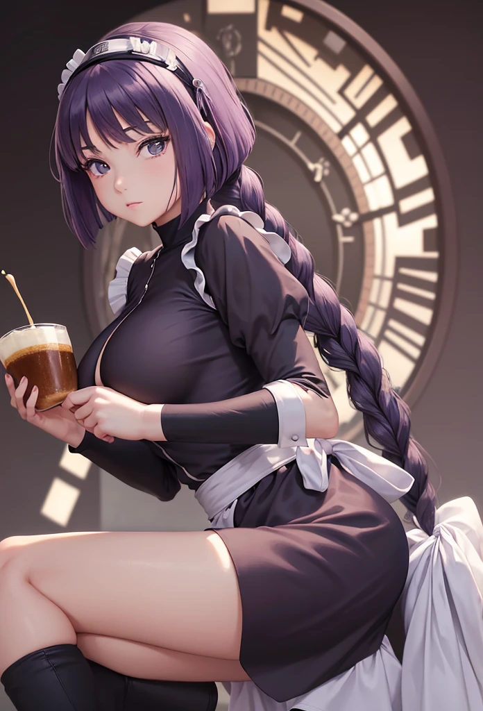 A woman wearing a maid outfit with headphones、Big Breasts、sexy、Moonlight、Unbuttoned、Downlight、full moon、A room filled with delicious looking cakes、In a room with bread lined up、Butt、Beautiful buttocks、Plump、Sideboob