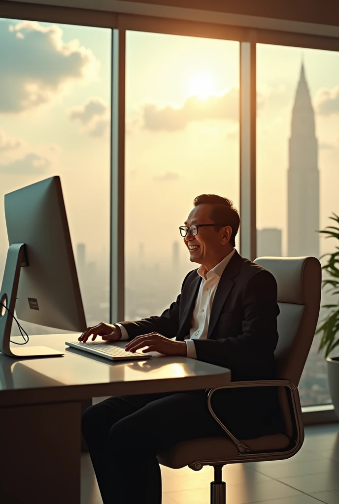 Create a surreal image of a wealthy Asian executive in his mid-60s. He is talking with a smile on his face while looking at the computer screen., Lower your lips. He has short black hair、Wearing a white shirt、Over that he wears a black suit jacket。. In the background、Depicts a luxurious office scene with large windows offering a panoramic city view。. The lighting is soft, Highlight your face、In the background拡散した輝きを残す、Eyes on the computer screen、Bright office