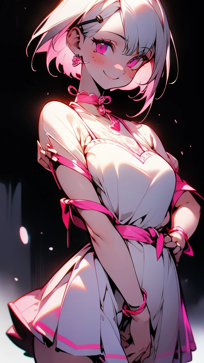 1 Girl、8K、Sharp focus、(Bokeh) (Highest quality) (Detailed skin:1.3) (Intricate details) (anime)、Silver short hair and bob hair、Tie your hair up with a hair clip、Pink Eyes、、(Please put your hands on your hips)、chest、Slim figure、bikini、A pareo skirt with bold ethnic patterns and plenty of primary colors、Realistic Skin、Shiny skin, Sunburned skin、Cowboy Shot、Side body、smile、smile、Park in the background、Soft lighting
