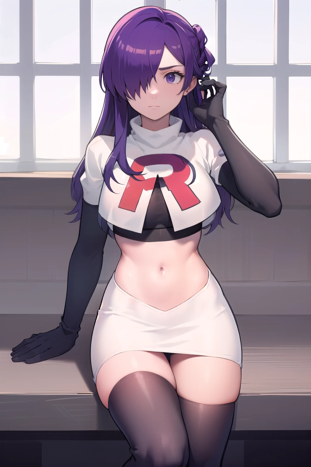 masterpiece, best quality, shez, hair over one eye, looking at viewer, team rocket,team rocket uniform,white skirt,red letter R,crop top,black thigh-highs,black elbow gloves