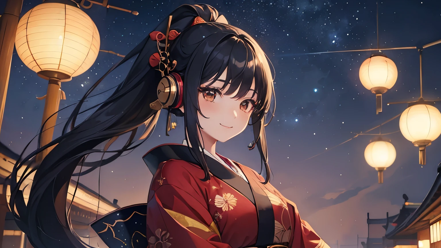 anime, Beauty, alone, Long Hair, Black Hair, ponytail, Dark brown eyes, model, beautiful, Fantasy, autumn leaves, Japanese clothing, Riverside, beautiful scene, ((Best quality, 8k, Masterpiece: 1.3)), Highly detailed face and skin texture, Detailed eyes, traditional Japanese kimono, ((background: night, starry sky)), ((headphones)), ((ukiyo-e style)), ((smile)), ((1 girl)),