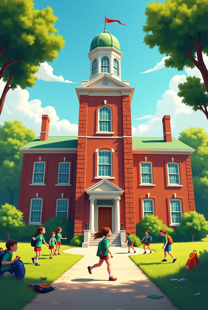 The brick school is tall and wide, and the students wear green uniforms