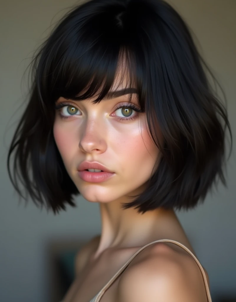 (RAW photo, best quality, masterpiece: 1.2), (photorealistic: 1.4), best lighting, 20 years old, black hair, short bob cut, hair in 7 thirds, hair over one ear, Symmetrical eyes, fair skin, solo, Detailed Skin, Beautiful lips, gloss, mascara and blush, Polish girl