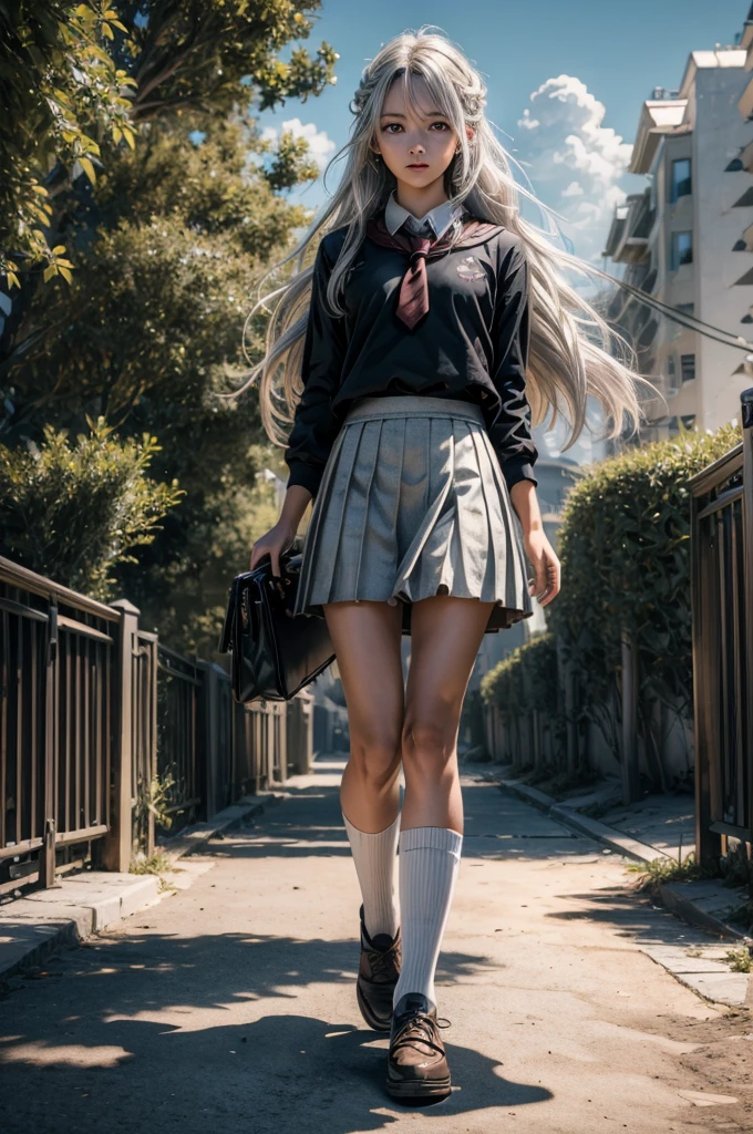 ((masterpiece)), ((best quality)), ((highres)), ((extremely detailed CG unity 8k wallpaper)), solo, tan school uniform, black skirt, white socks, outdoors, face, beach, hanging hair, parted hair, silver hair