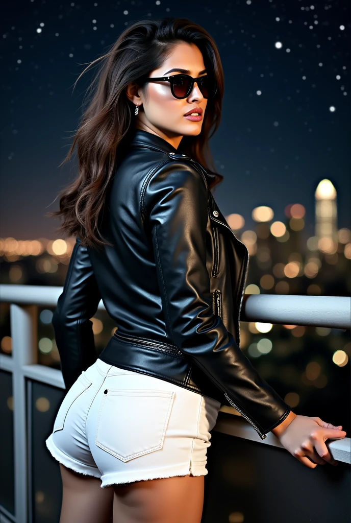 1 woman wearing shades, a leather jacket, white t, and short shorts, big breasts, big butt, big thighs, small waist, standing on a rooftop overlooking the city skyline, with a starry night sky above. The city lights twinkle below, echoing the stars above. She's leaning casually against the railing, her leather jacket catching the moonlight. The gentle breeze adds movement to her hair, creating an effortlessly chic vibe. This scene captures the essence of urban fashion meeting the magic of a starry night.